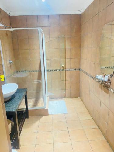 Tiled en-suite bathroom with walk-in shower and vanity